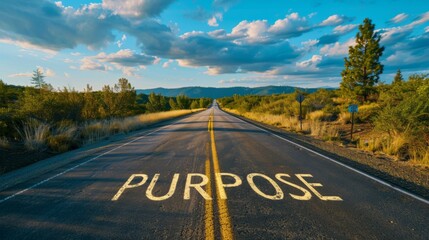 The word PURPOSE written on an open asphalt road amidst a vast landscape,&nbsp;invoking a sense of direction,&nbsp;goal setting,&nbsp;and journey towards a meaningful destination