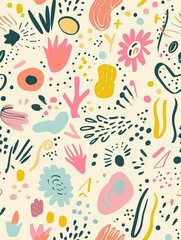 seamless pattern with whimsical doodles and playful shapes in a variety of bright, fun pastel colors.