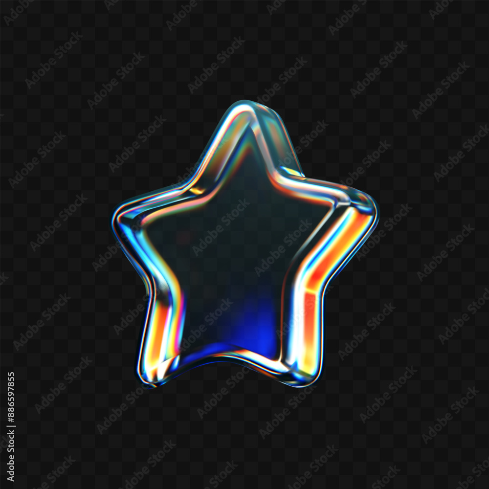 Canvas Prints 3d glass star icon with refraction and holographic effect isolated on dark background. render transp