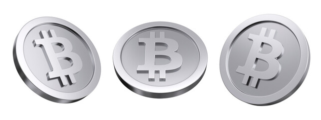 Bitcoin sign currency silver set isolated. Cryptocurrency rate concept. 3d rendering.