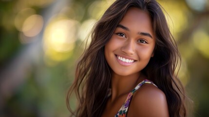 Fototapeta premium Smiling Pacific Islander Girl in Nature, Warm and Radiant Expression, Perfect for Posters, Cards, and Print Design