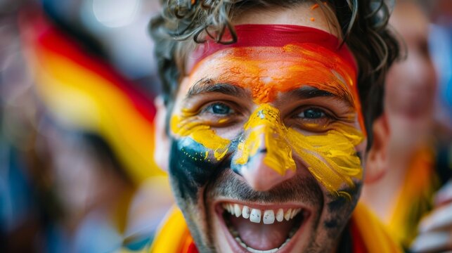 Vibrant Portrait of a Joyful male Germany Supporter with a German Flag Painted on His Face, Celebrating