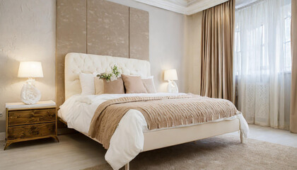 White bedroom interior.Earth tones design.3d rendering
