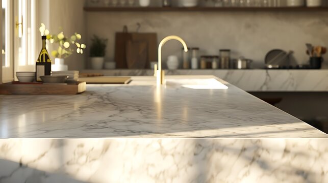 A pristine marble kitchen countertop bathed in natural sunlight, highlighting its smooth surface and subtle hues, set against a backdrop of minimalist, Scandinavian-inspired kitchen decor.