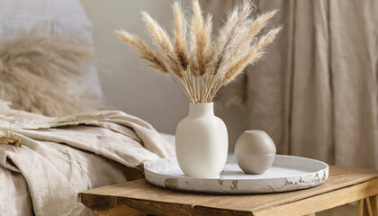 Modern white ceramic vase with dry Lagurus ovatus grass and marble tray on vintage wooden bench, table. Blurred beige linen blanket in front. Scandinavian interior. Empty white wall