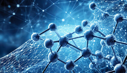 Molecular structure illustration close up blue background, 3d illustration of molecule model. Science background wit. Atom Molecule Structure Abstract and Medical Concept Science