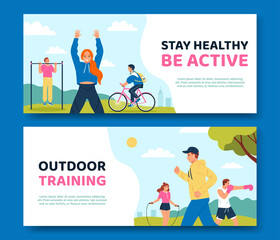 Outdoor training hand drawn cartoon banner set