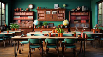 Obraz premium A colorful, organized classroom with wooden desks and chairs.