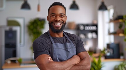 Naklejka premium A black and bearded muscular chef standing in his owners kitchen while posing with arms crossed and is ready to serve a fresh meal to his employers