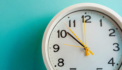 Part of white wall clock with yellow second hand hanging on wall. Close up image of plastic wall clock over turquiose blue background with copy space. Photo of time management or time is going concept