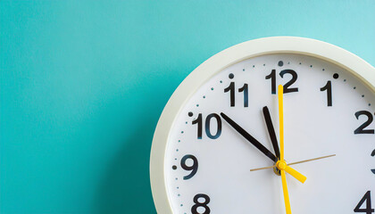 Part of white wall clock with yellow second hand hanging on wall. Close up image of plastic wall clock over turquiose blue background with copy space. Photo of time management or time is going concept