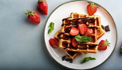 Belgian waffles with chocolate topping, strawberry slices and mint leaves on white plate top view.