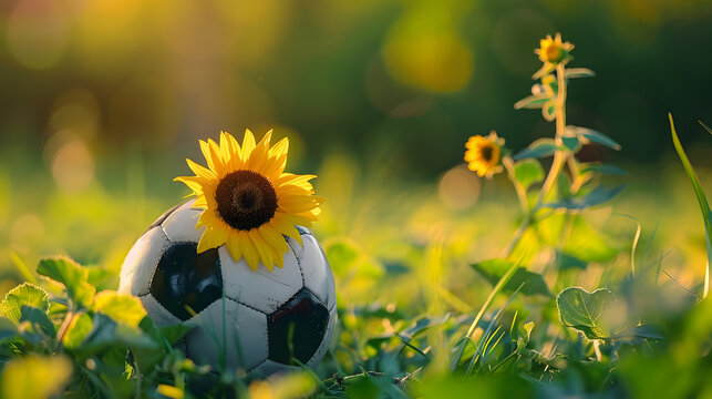 A yellow and brown soccer ball is sitting in a field of grass
