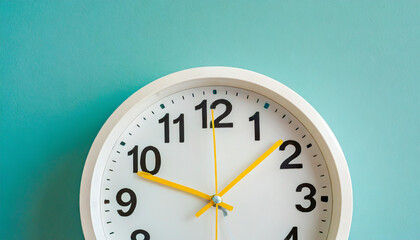 Part of white wall clock with yellow second hand hanging on wall. Close up image of plastic wall clock over turquiose blue background with copy space. Photo of time management or time is going concept