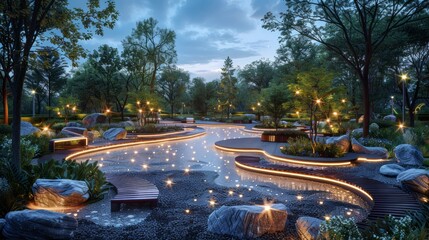 Futuristic public park with interactive installations, smart benches, and eco-friendly technology.