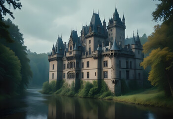 Fototapeta premium A large, ornate castle or palace surrounded by a moat and dense forest in a dark, moody atmosphere