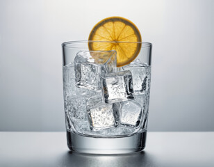 a glass filled with clean drinking water on a gray background, cooled with ice cubes, with a slice of lemon