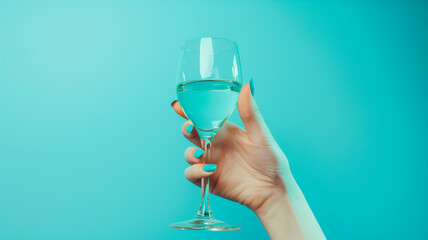 Obraz premium Hand holding wine glass with water against turquoise background