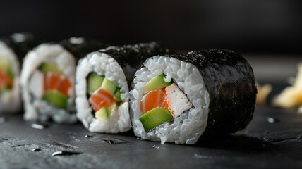 Close-up of sushi rolls with salmon and avocado