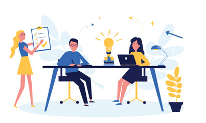 Business concept. Team metaphor. People connect puzzle elements. Flat illustration in flat design style. Teamwork, collaboration, partnership. Businessmen working together and moving towards success.