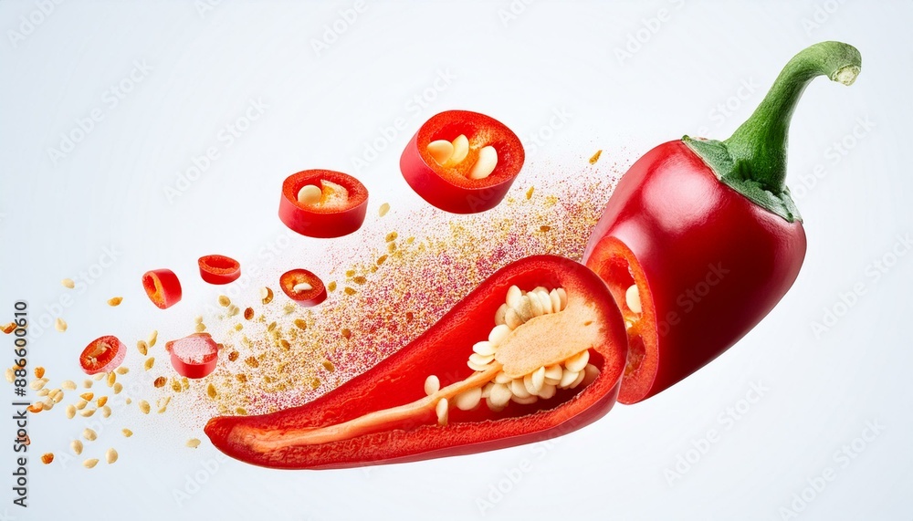 Poster fresh red chilli pepper and cross sections of chilli pepper with seeds floating in the air. white ba