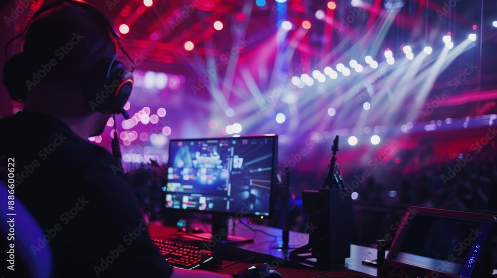 Poster A gamer sits in front of a computer screen, wearing a headset and focused on the game. The stage behind them is lit with vibrant colored lights, suggesting a large event