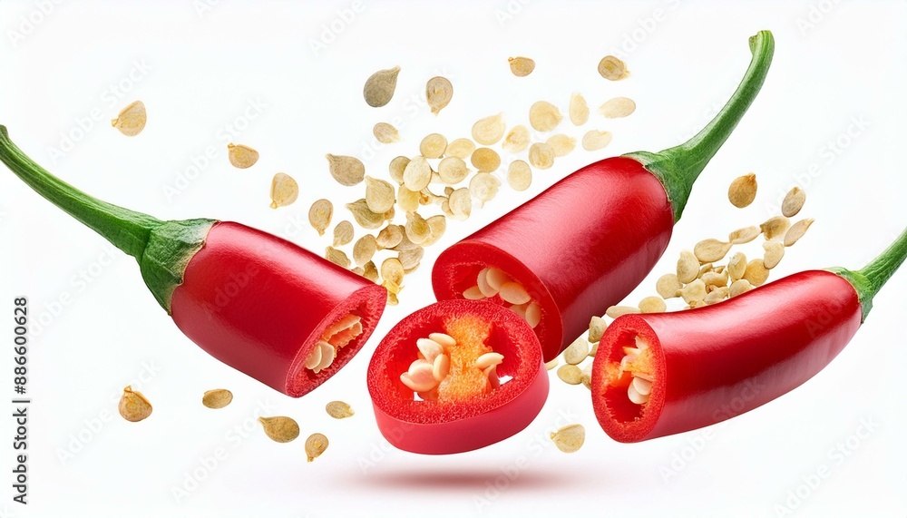 Poster fresh red chilli pepper and cross sections of chilli pepper with seeds floating in the air. white ba
