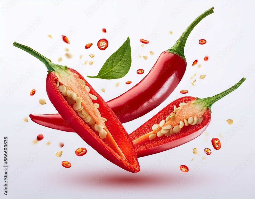Poster fresh red chilli peppers and cross sections of chilli pepper with seeds floating in the air. contain