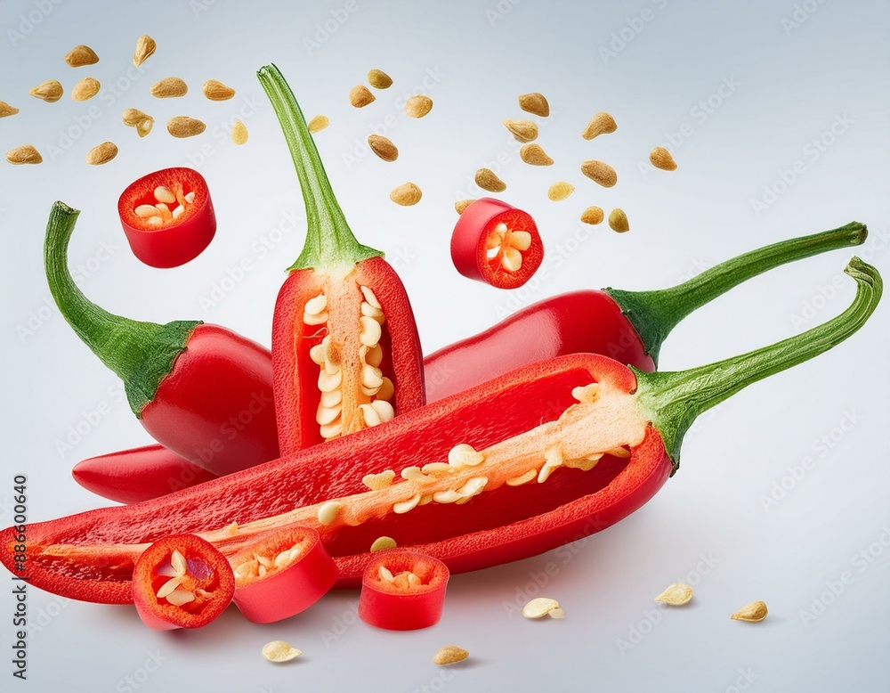 Poster fresh red chilli peppers and cross sections of chilli pepper with seeds floating in the air. contain