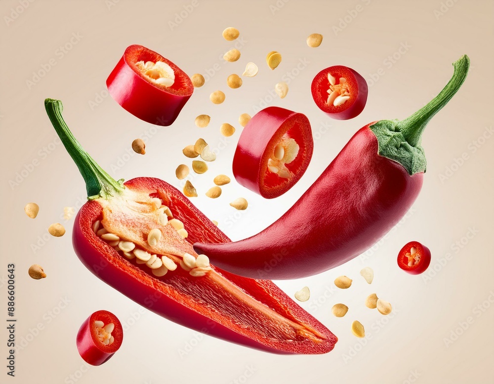 Poster fresh red chilli peppers and cross sections of chilli pepper with seeds floating in the air. contain