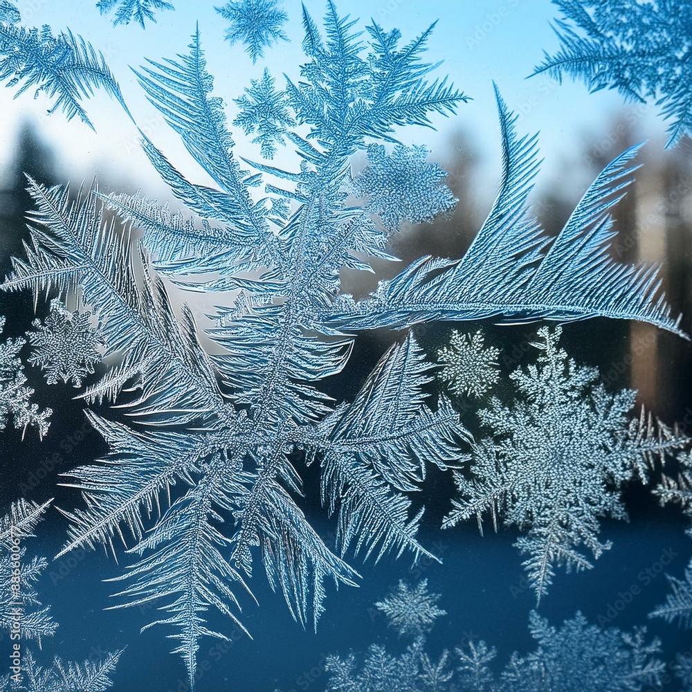 Poster frost patterns on frozen window as a symbol of christmas wonder.