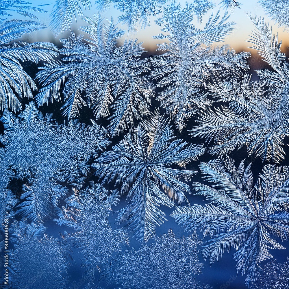 Poster frost patterns on frozen window as a symbol of christmas wonder.
