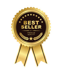 Best seller sticker label with ribbon, gold badge and gold ribbon with Stars and laurel wreath Decoration vector isolated Premium Quality text product, for book cover label or your product the Best