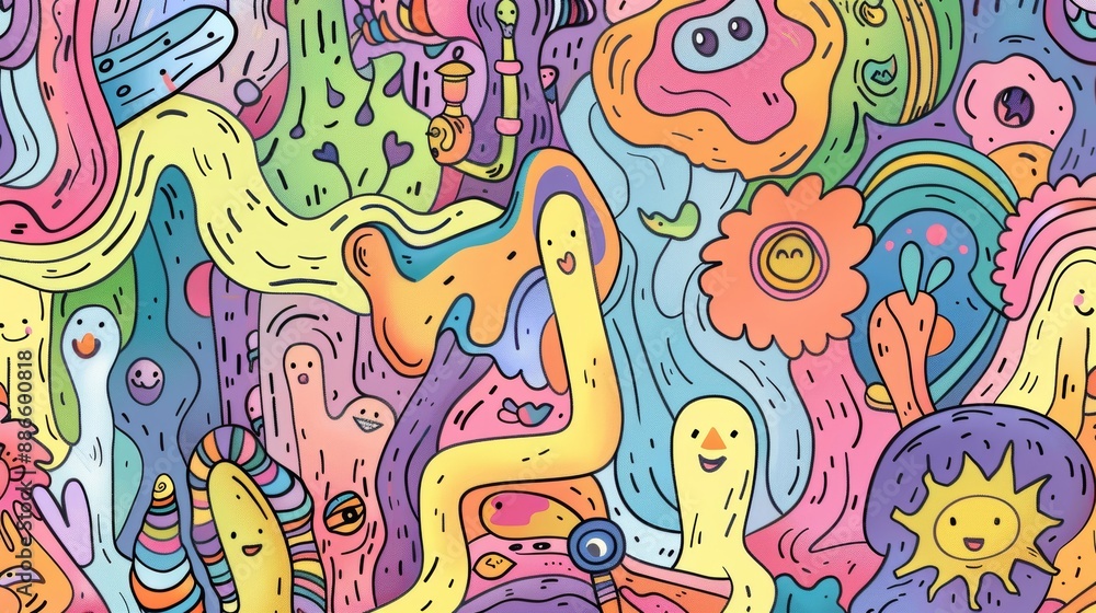 Aufkleber abstract doodle characters create a vibrant, swirling pattern with cheerful expressions and natural 