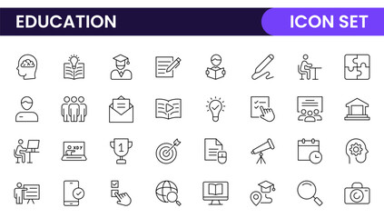 "Education line icons collection. Big UI icon set in a flat design. Thin outline icons pack. Thin line icons set of academic subjects and education. Outline symbol collection.