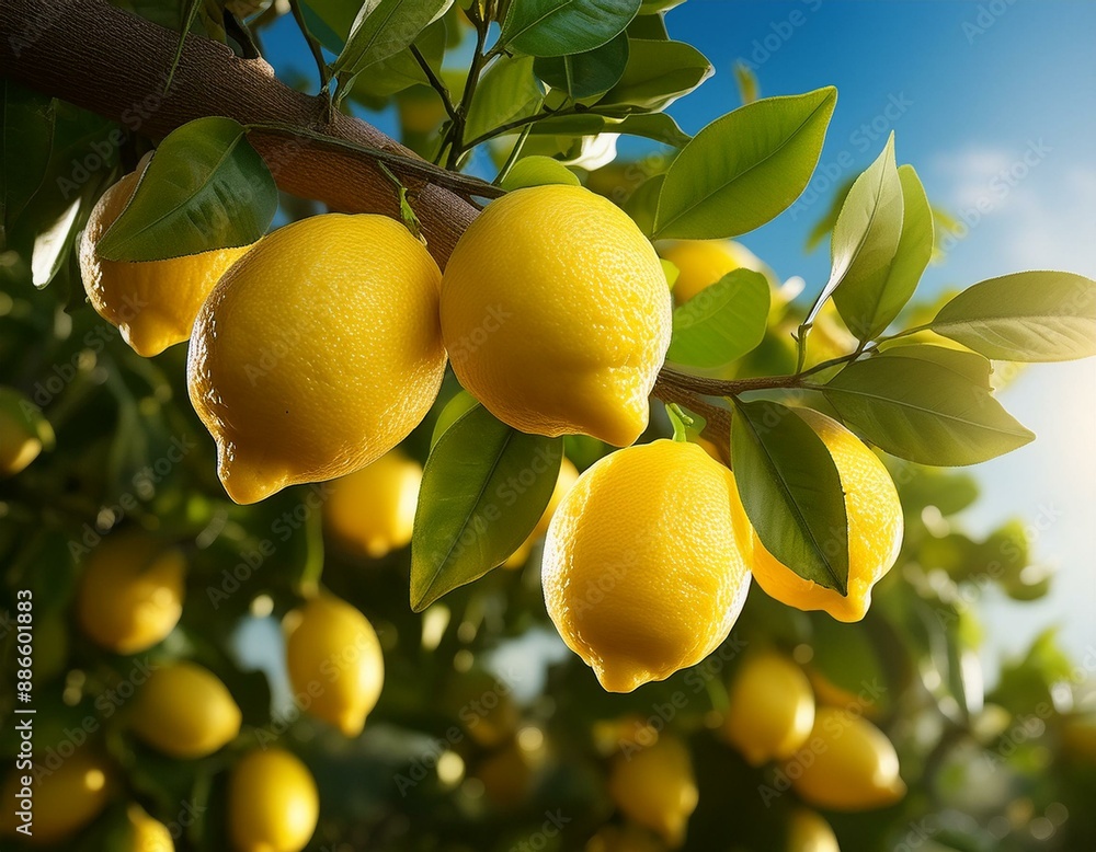 Poster plenty of ripe lemons on the lemon tree in the orchard. view at the branch from below.