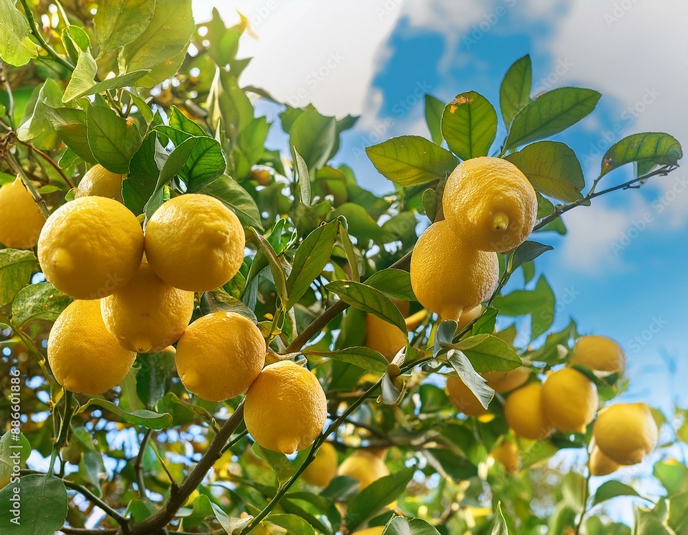 Poster plenty of ripe lemons on the lemon tree in the orchard. view at the branch from below.