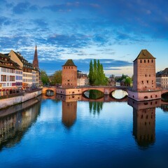 Fototapeta premium Panoramic view on The Ponts Couverts in evening twilight. Strasbourg with blue cloudy sky. France.