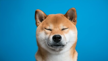Portrait of Shiba Inu dog with closed eyes on blue background.
