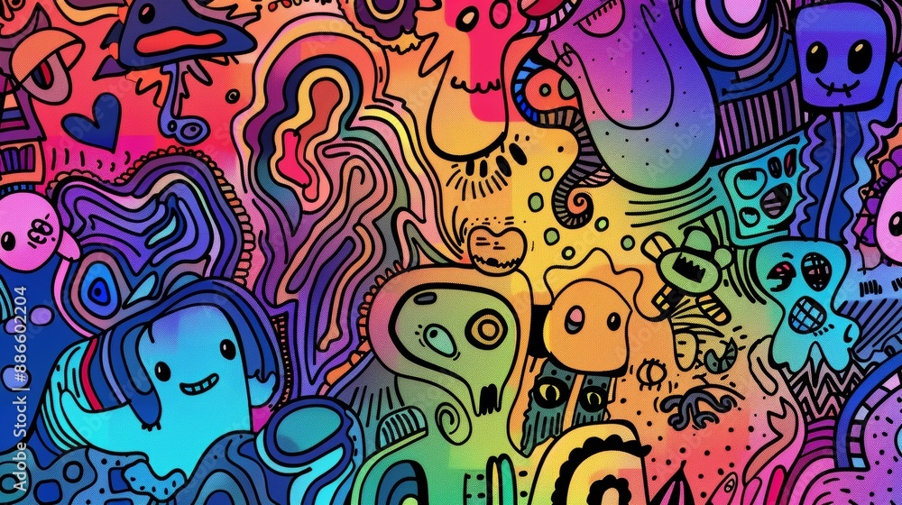 Poster vibrant and trippy abstract artwork with a groovy pattern, ideal for use as backgrounds