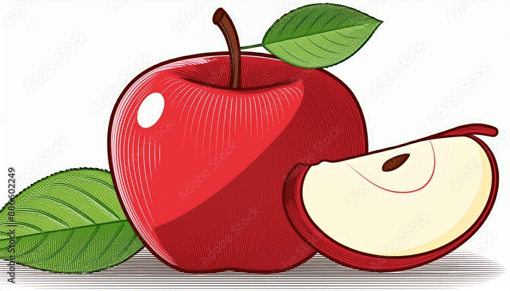 Poster red apple with leaf and slice.