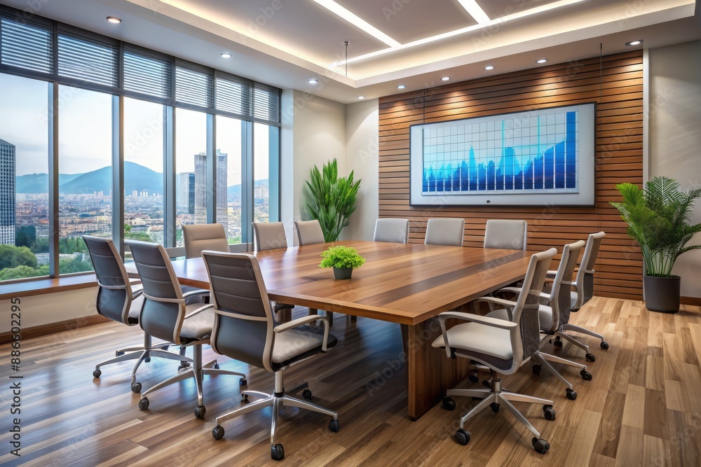 Poster modern conference room with sleek tv screen displaying data analysis dashboard, empty chairs and a p