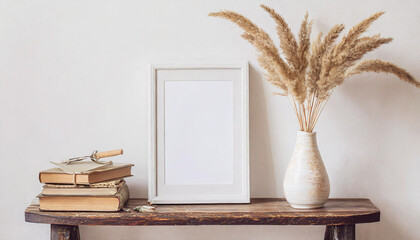 Vintage wooden bench with a white frame mockup, accompanied by a modern white ceramic vase holding Lagurus ovatus grass on a marble tray. In front, a blurred beige linen blanket enhances the