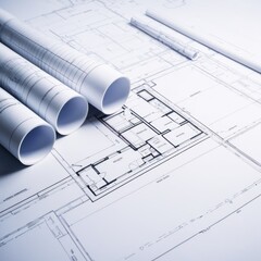 Blueprints of Innovation: Architectural drawings and blueprints rolled out on a table, bathed in a cool, professional light, hinting at the creative process and meticulous planning behind every struct