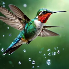 Fototapeta premium A little iridescent hummingbird flies with water droplets floating around it.