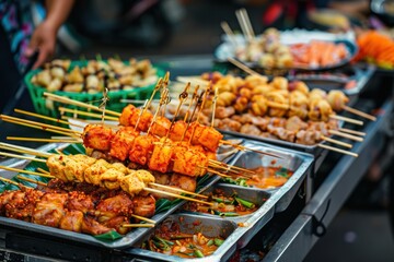 Street food for tourists, vibrant stalls offering diverse, delicious, and exotic flavors.