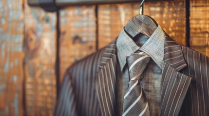 A striped tie hanging neatly on a wooden hanger. Perfect for fashion or menswear concepts