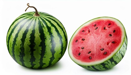 Round striped watermelons and watermelon cut in half isolated on white background. Clipping path.