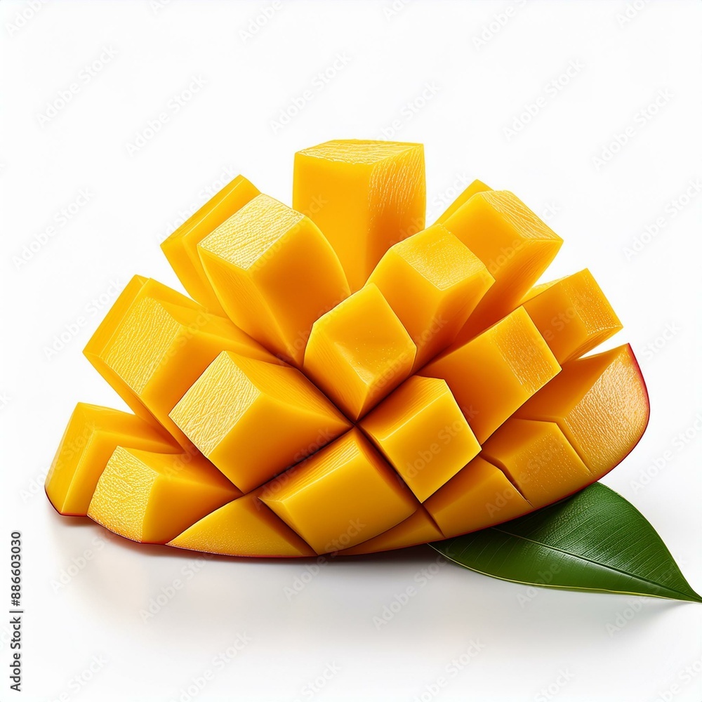 Poster set of mango cubes and mango slices isolated on a white background.