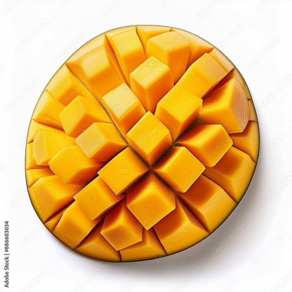 Poster set of mango cubes and mango slices isolated on a white background.